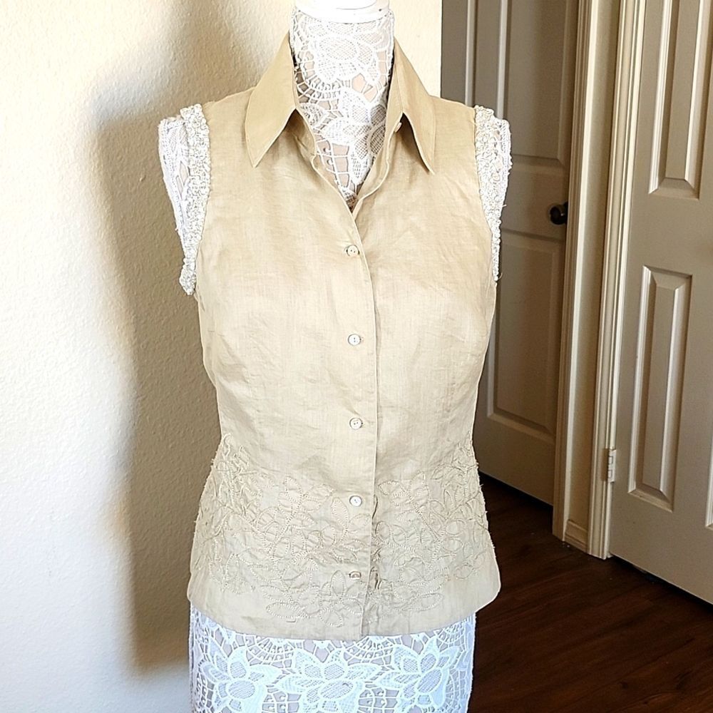 Magaschoni 100% Linen Top With Bead Crystal And Embroidery Detail ‎ Size Medium
